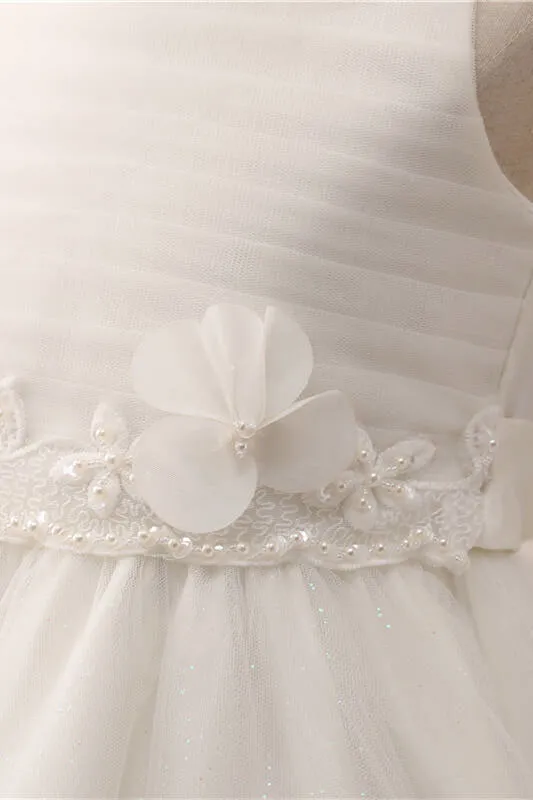 Adorable 3D Flowers Pearl Flower Girl Dress with Bow