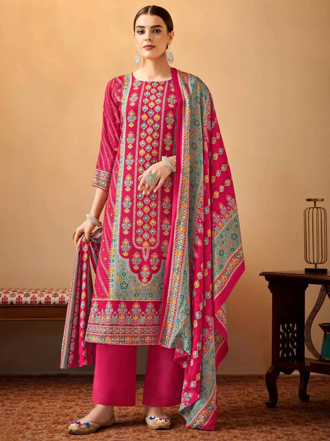 Alok Printed Pink Pashmina Unstitched Winter Suit Material for Ladies