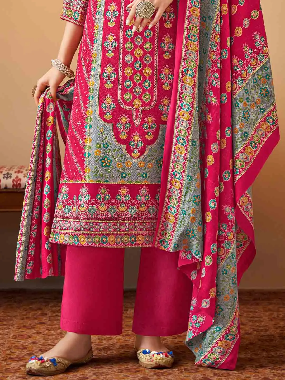 Alok Printed Pink Pashmina Unstitched Winter Suit Material for Ladies