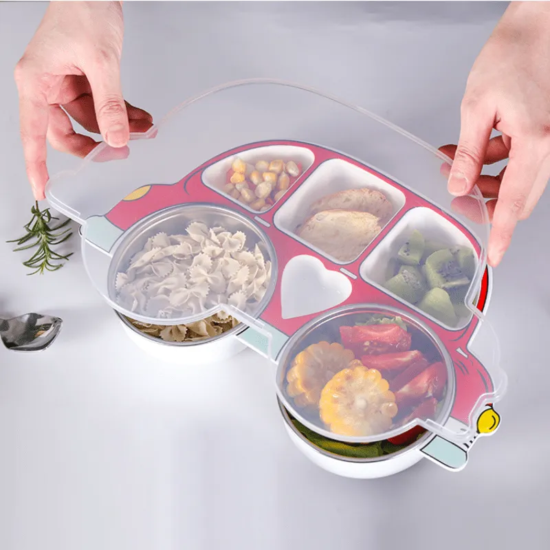 Antifall Cartoon Tableware Set Divided Grid Plate with Lid