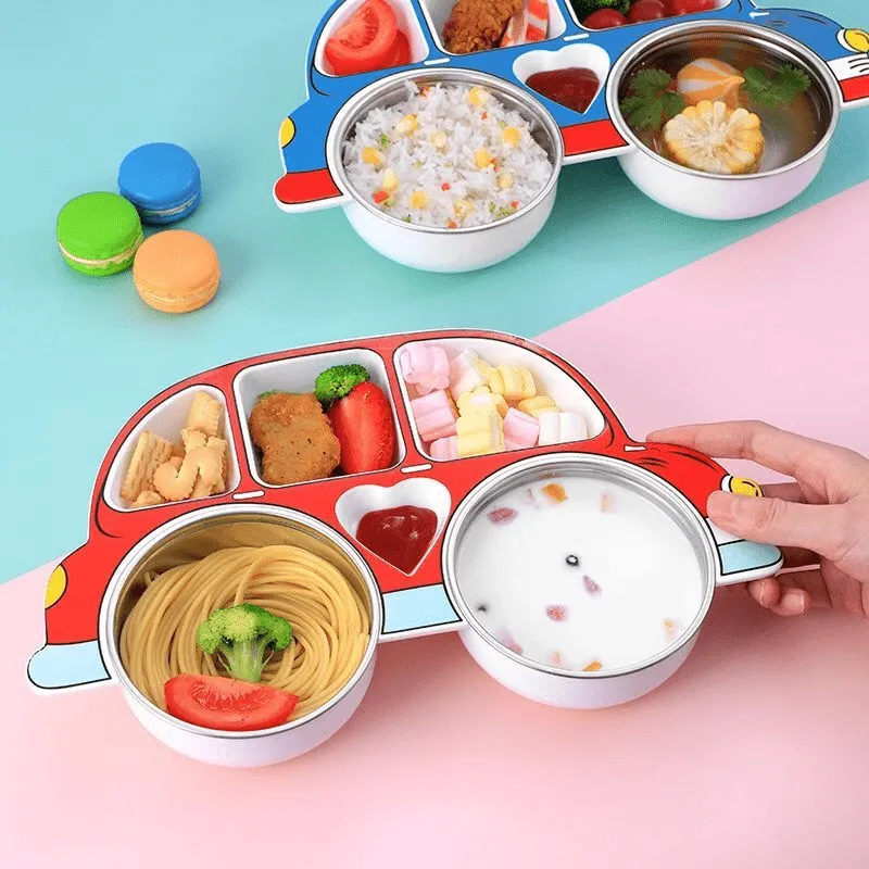 Antifall Cartoon Tableware Set Divided Grid Plate with Lid