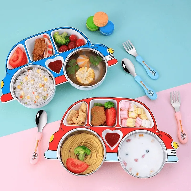 Antifall Cartoon Tableware Set Divided Grid Plate with Lid