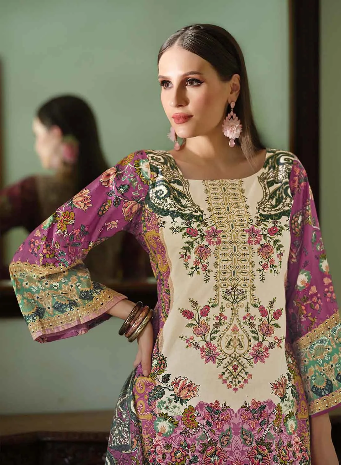 Belliza Pure Cotton Pakistani Print Unstitched Suit Set for Women