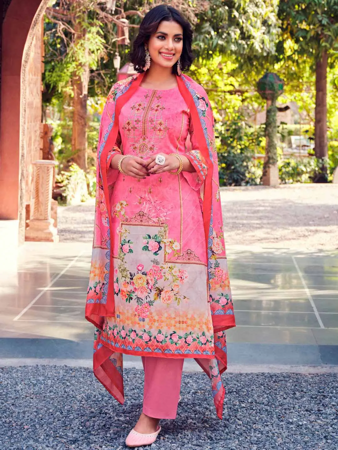 Belliza Unstitched Women Pakistani Print Cotton Suits Set Pink