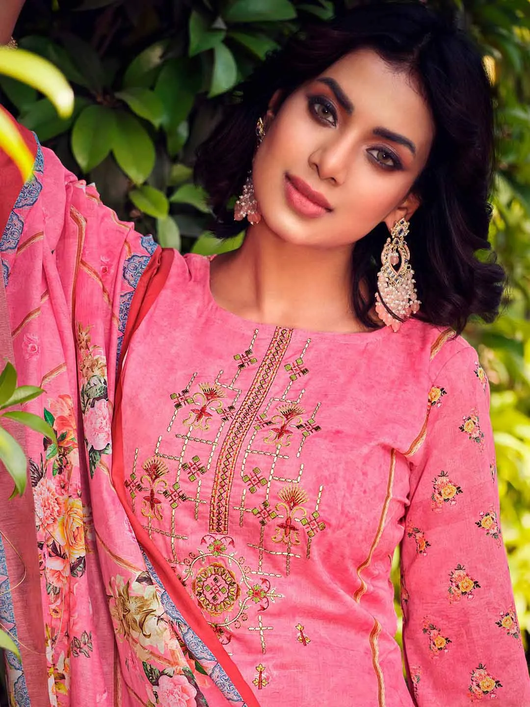 Belliza Unstitched Women Pakistani Print Cotton Suits Set Pink