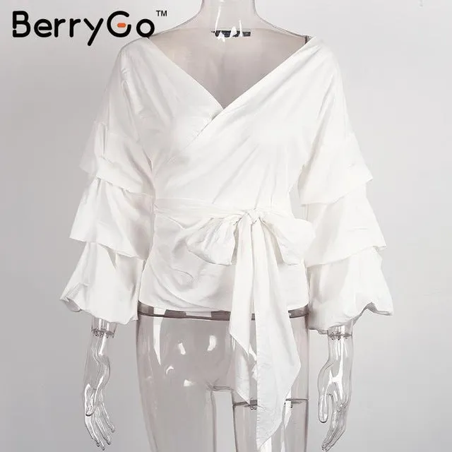 BerryGo Off shoulder ruffle white blouse Sexy cotton cool blouse shirt women Winter 2016 female strappy top tees blusas