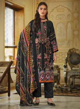 Black Pakistani Print Unstitched Pure Cotton Suit with Embroidery