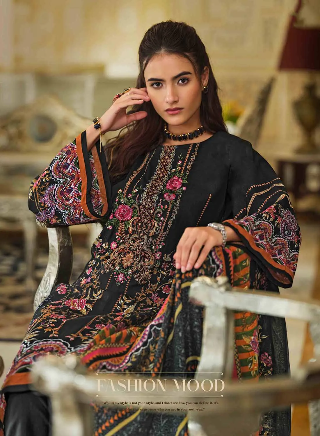 Black Pakistani Print Unstitched Pure Cotton Suit with Embroidery