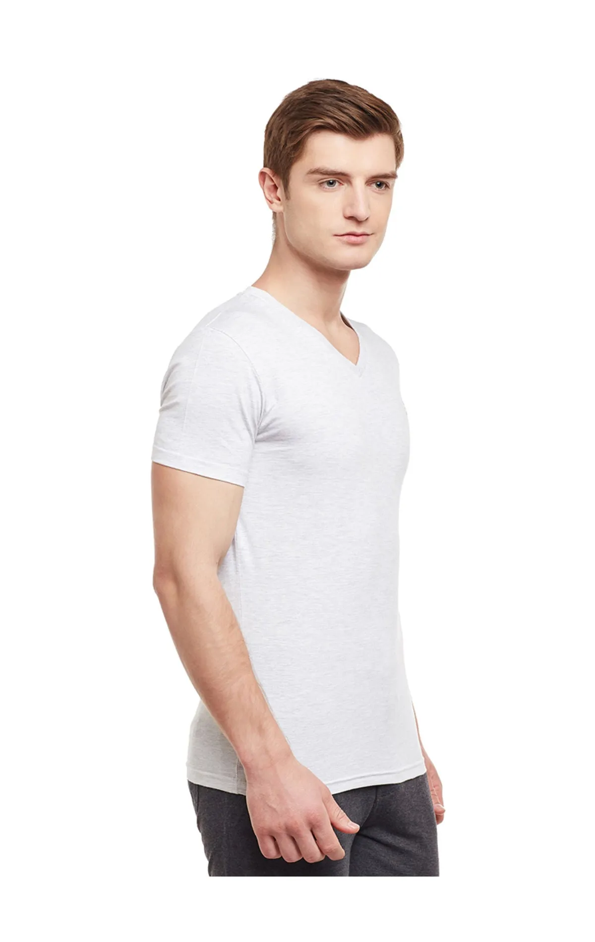 Bodyactive Men Heather Grey Cotton V-Neck T-Shirt-TS13-HTGREY