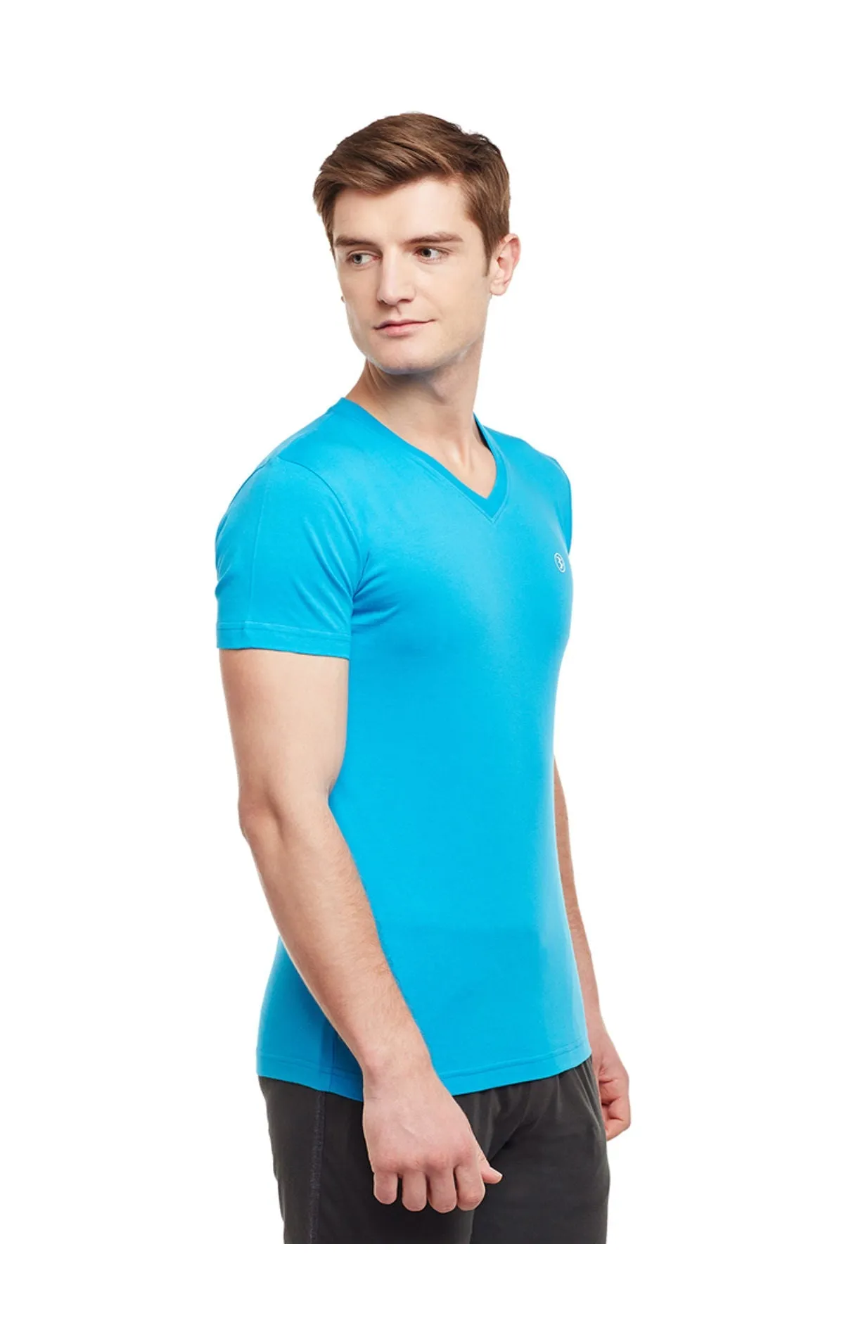 Bodyactive Men Turquoise Cotton V-Neck T-Shirt-TS13-RBLU