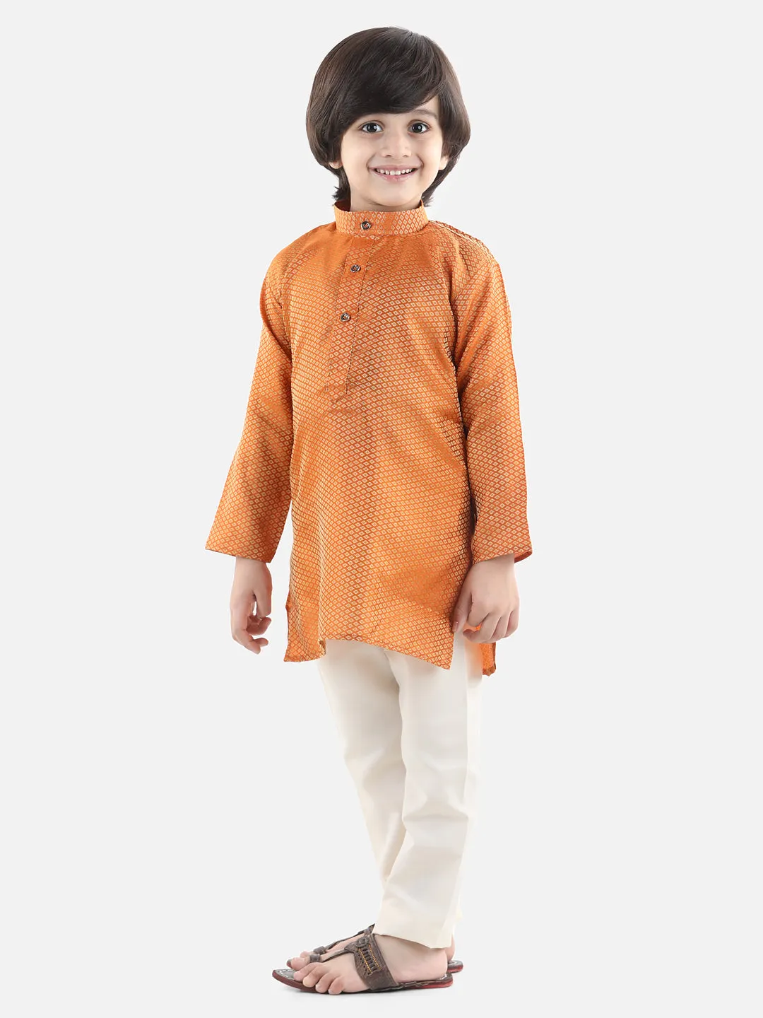 Boys Ethnic Full Sleeve Jacquard Kurta Pajama- Orange