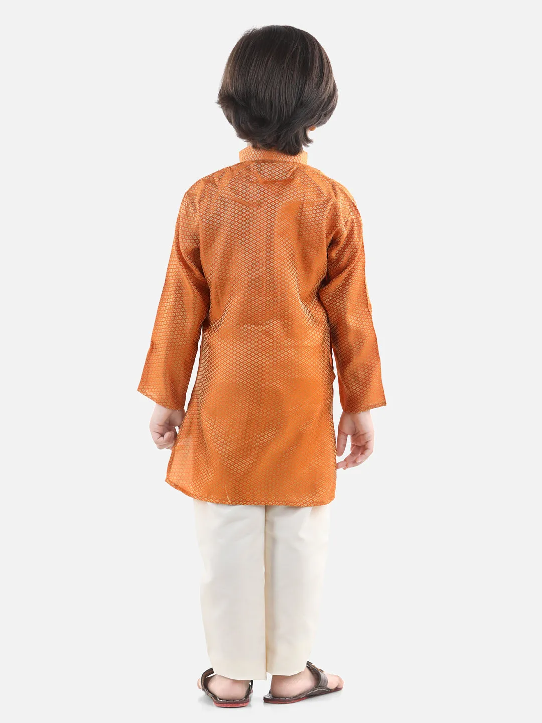 Boys Ethnic Full Sleeve Jacquard Kurta Pajama- Orange