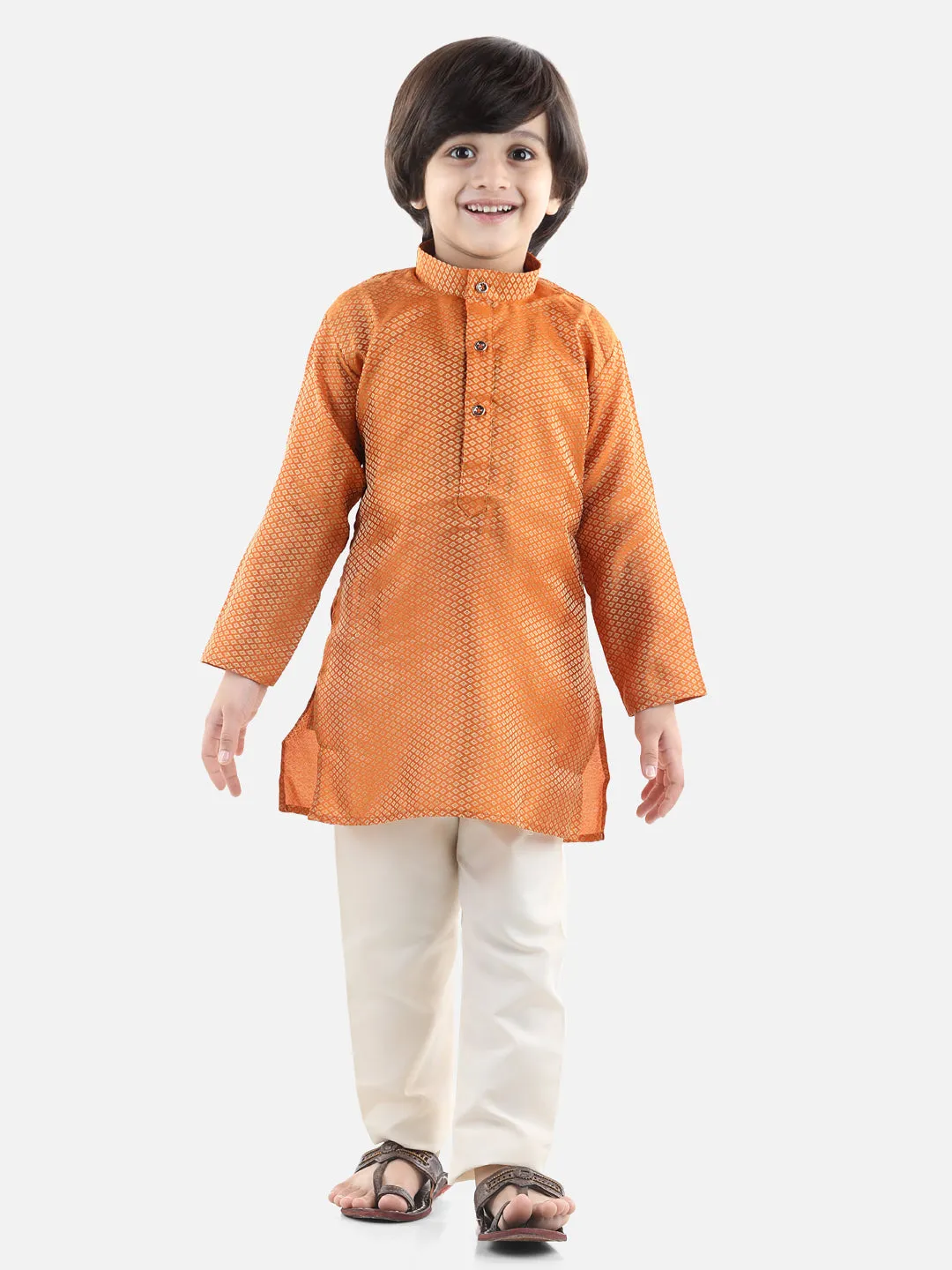 Boys Ethnic Full Sleeve Jacquard Kurta Pajama- Orange