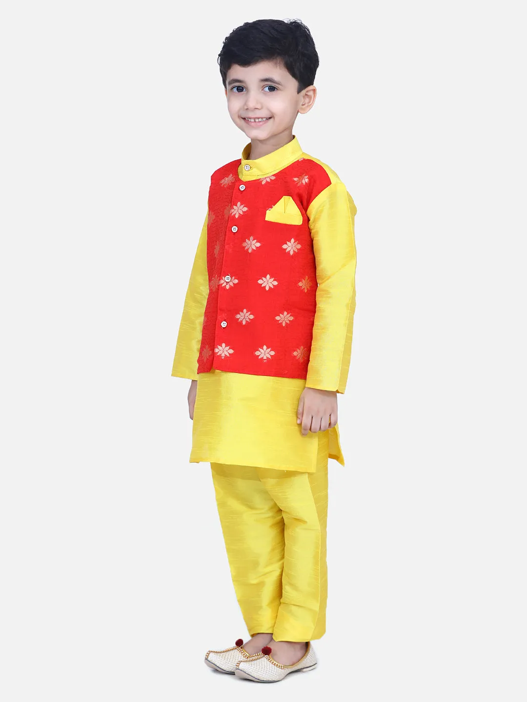 Boys Ethnic Wear Attached Chiffon printed Jacket Full Sleeve Kurta Pajama- Yellow