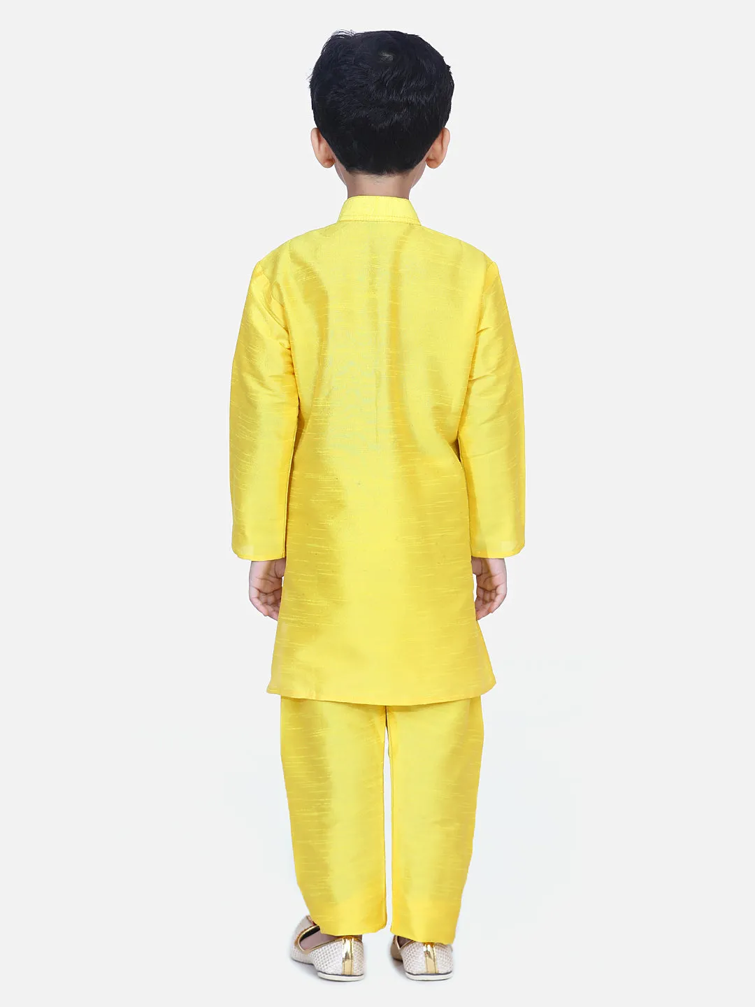 Boys Ethnic Wear Attached Chiffon printed Jacket Full Sleeve Kurta Pajama- Yellow