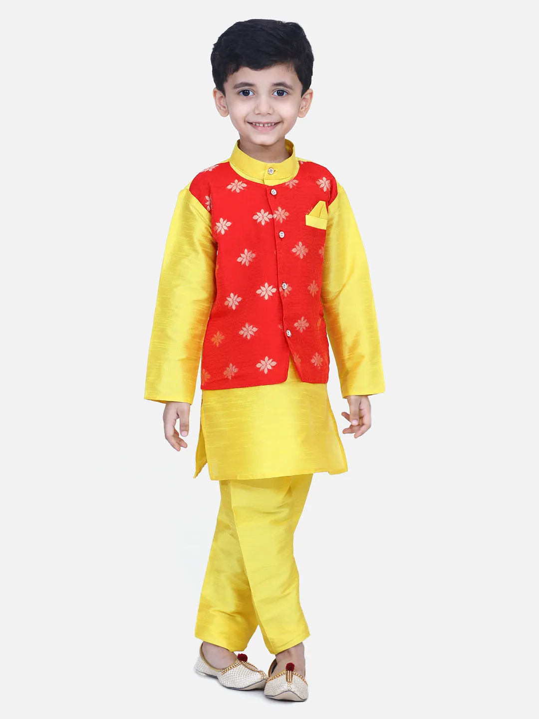 Boys Ethnic Wear Attached Chiffon printed Jacket Full Sleeve Kurta Pajama- Yellow