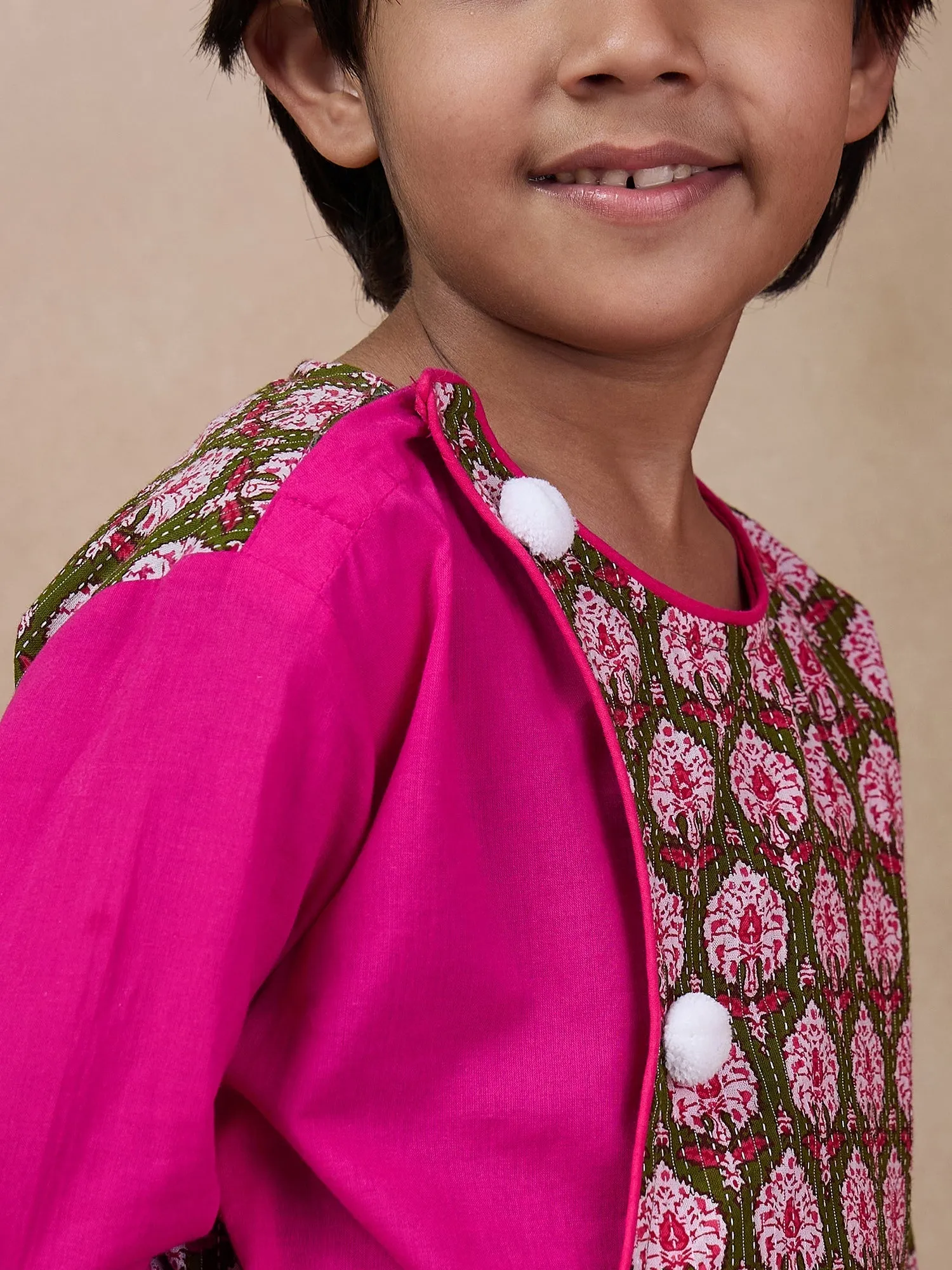 Boys Floral Printed Long Sleeves Straight Kurta With Dhoti Pants