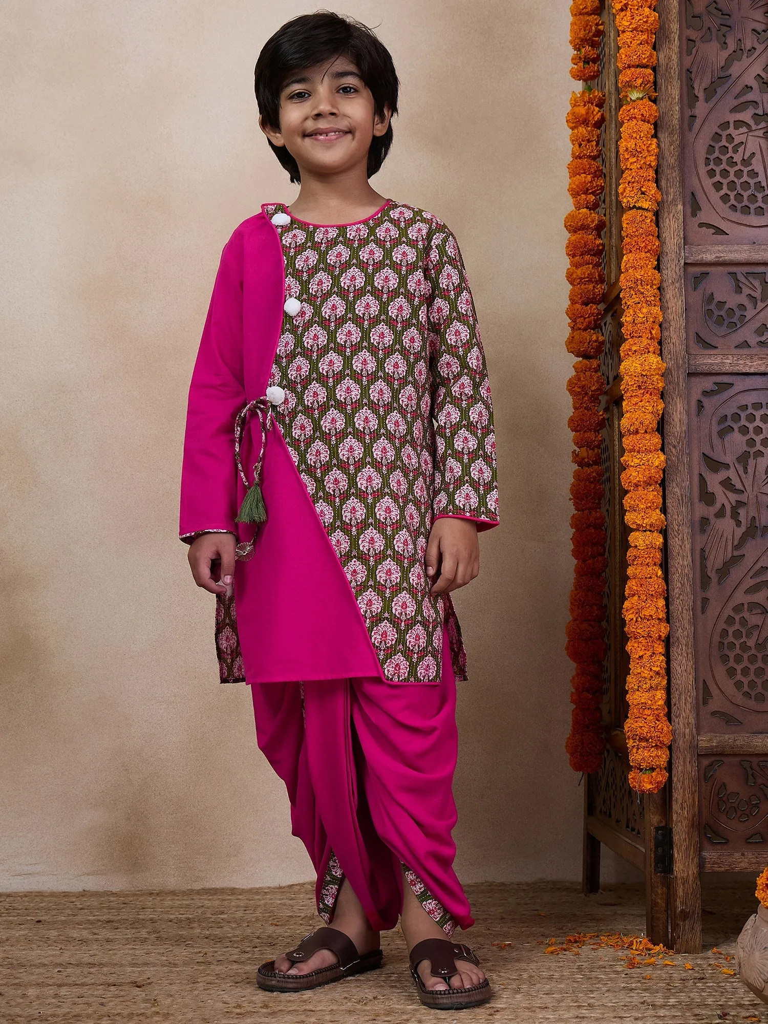 Boys Floral Printed Long Sleeves Straight Kurta With Dhoti Pants