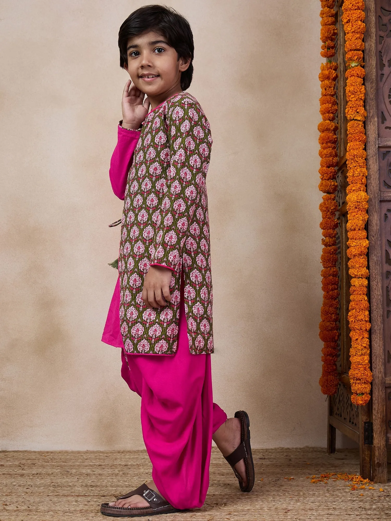 Boys Floral Printed Long Sleeves Straight Kurta With Dhoti Pants