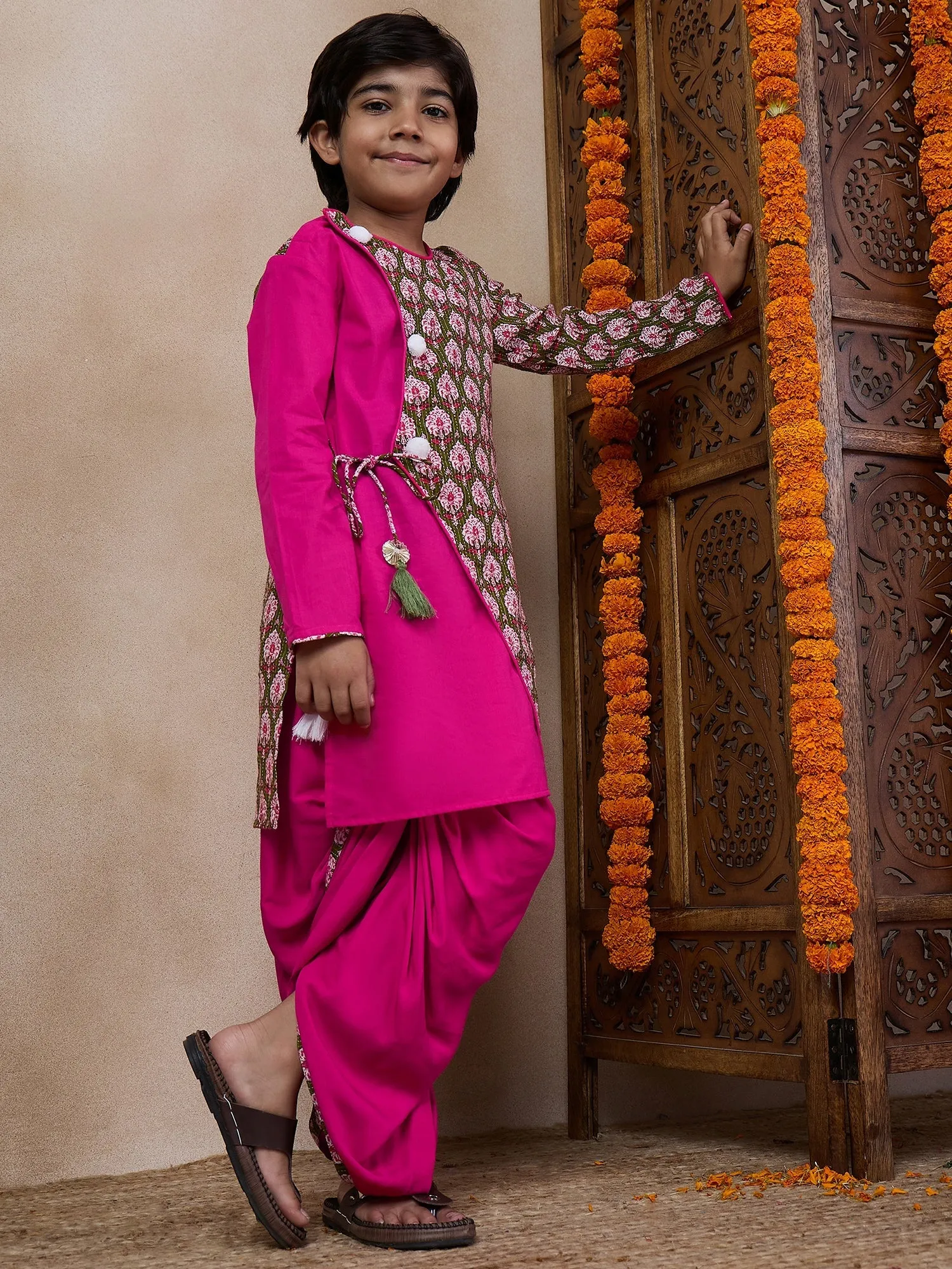 Boys Floral Printed Long Sleeves Straight Kurta With Dhoti Pants