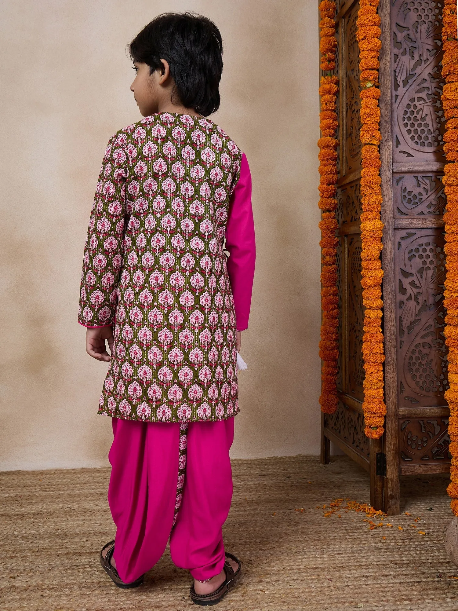 Boys Floral Printed Long Sleeves Straight Kurta With Dhoti Pants