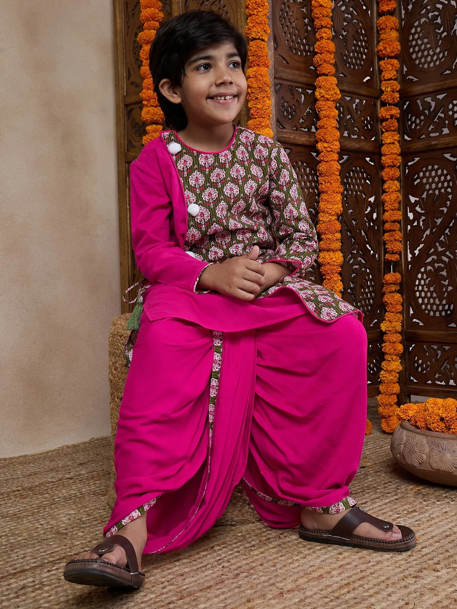 Boys Floral Printed Long Sleeves Straight Kurta With Dhoti Pants