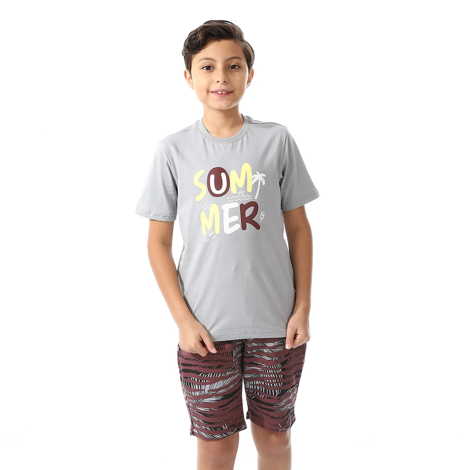 Boys Printed Colorful Summer & Shorts Pajama Set - Grey & Burgundy