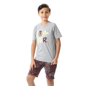 Boys Printed Colorful Summer & Shorts Pajama Set - Grey & Burgundy