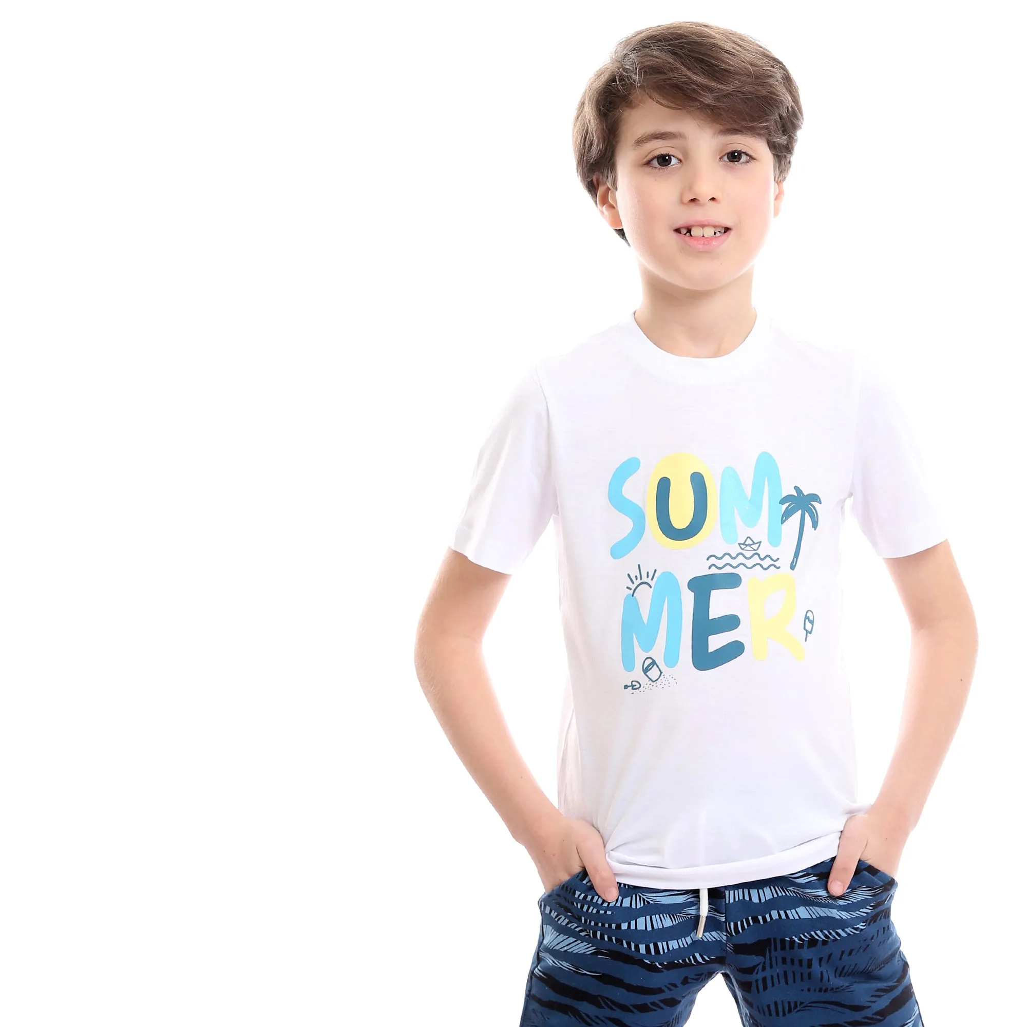 Boys Printed Colorful Summer & Shorts Pajama Set - White & Teal Blue