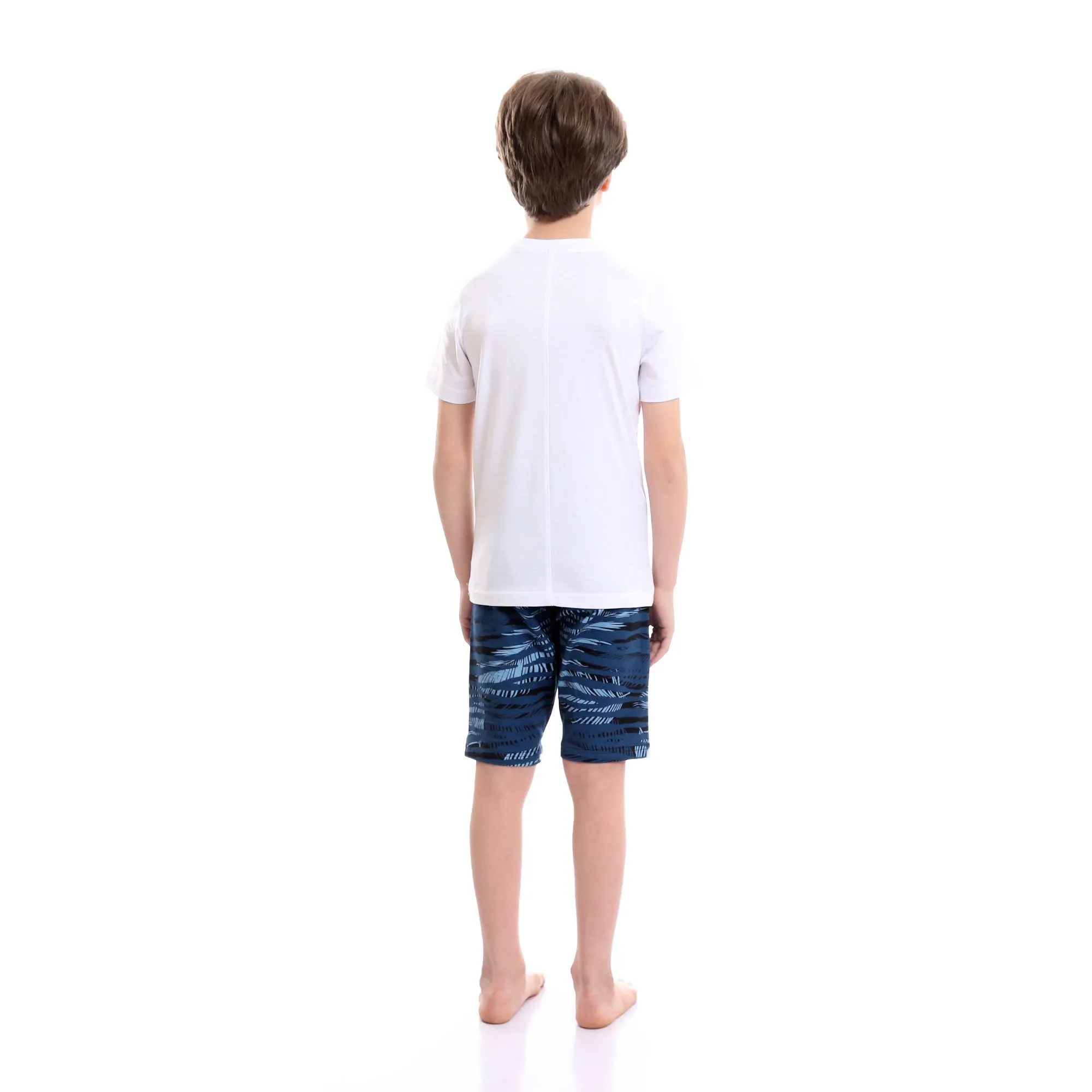 Boys Printed Colorful Summer & Shorts Pajama Set - White & Teal Blue