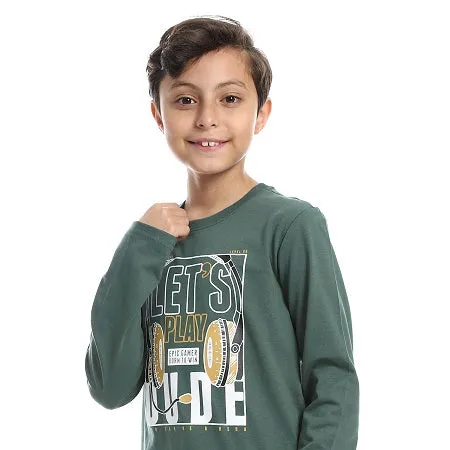 Boys' Summer Pajamas, Cotton Long Sleeve T-Shirt and Pants - Dark Green