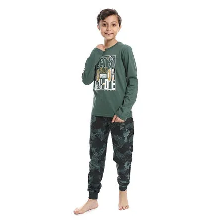 Boys' Summer Pajamas, Cotton Long Sleeve T-Shirt and Pants - Dark Green