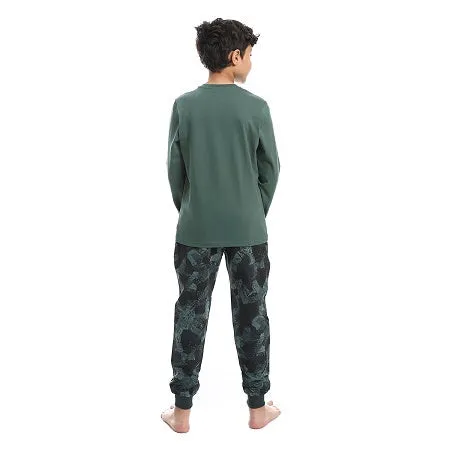 Boys' Summer Pajamas, Cotton Long Sleeve T-Shirt and Pants - Dark Green