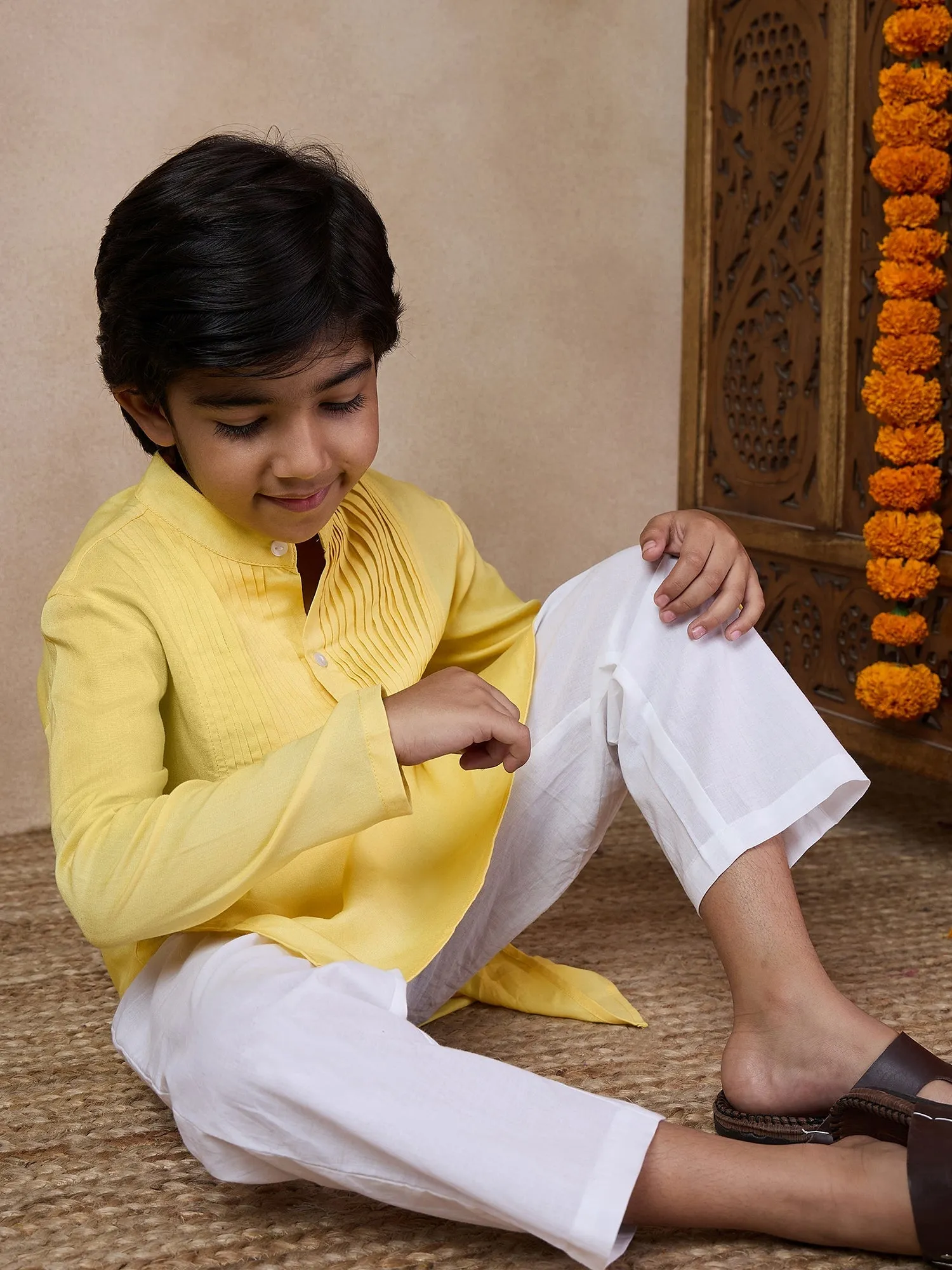 Boys Yoke Design Band Collar Straight Kurta With Pyjamas