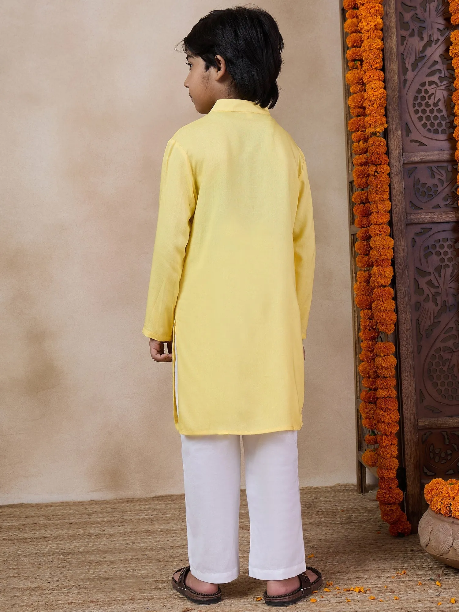 Boys Yoke Design Band Collar Straight Kurta With Pyjamas