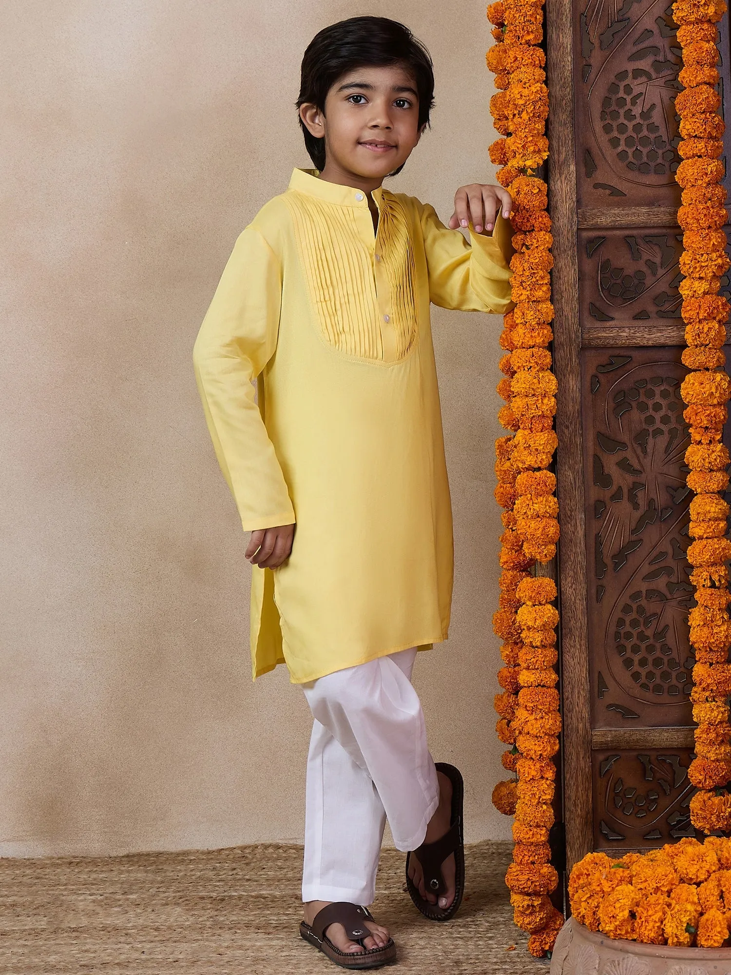 Boys Yoke Design Band Collar Straight Kurta With Pyjamas