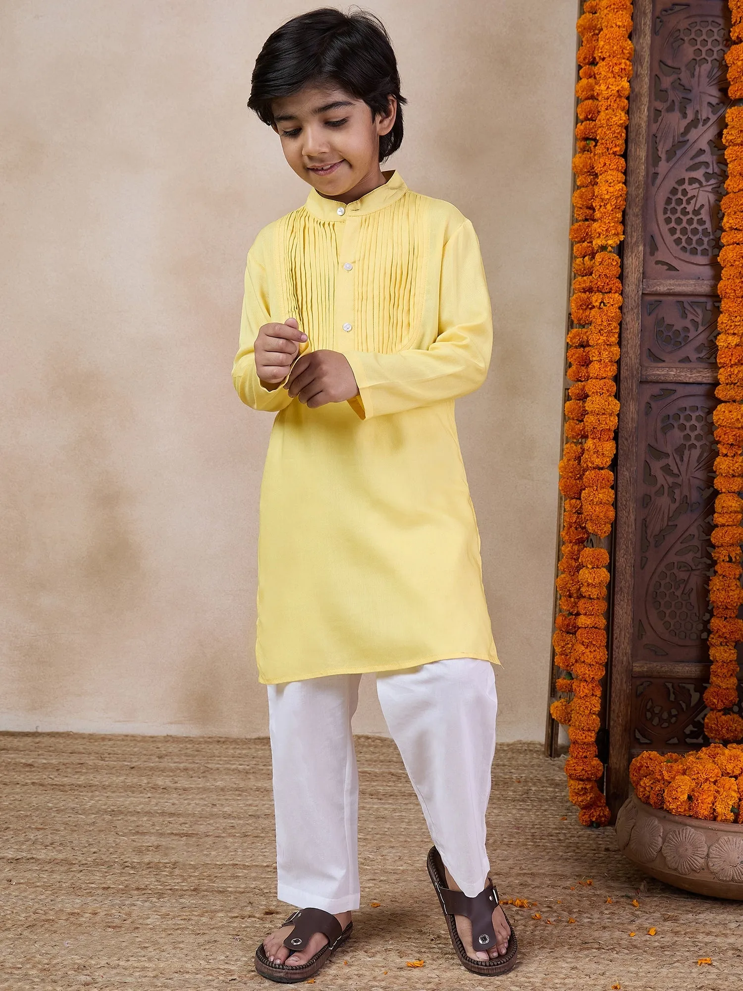 Boys Yoke Design Band Collar Straight Kurta With Pyjamas