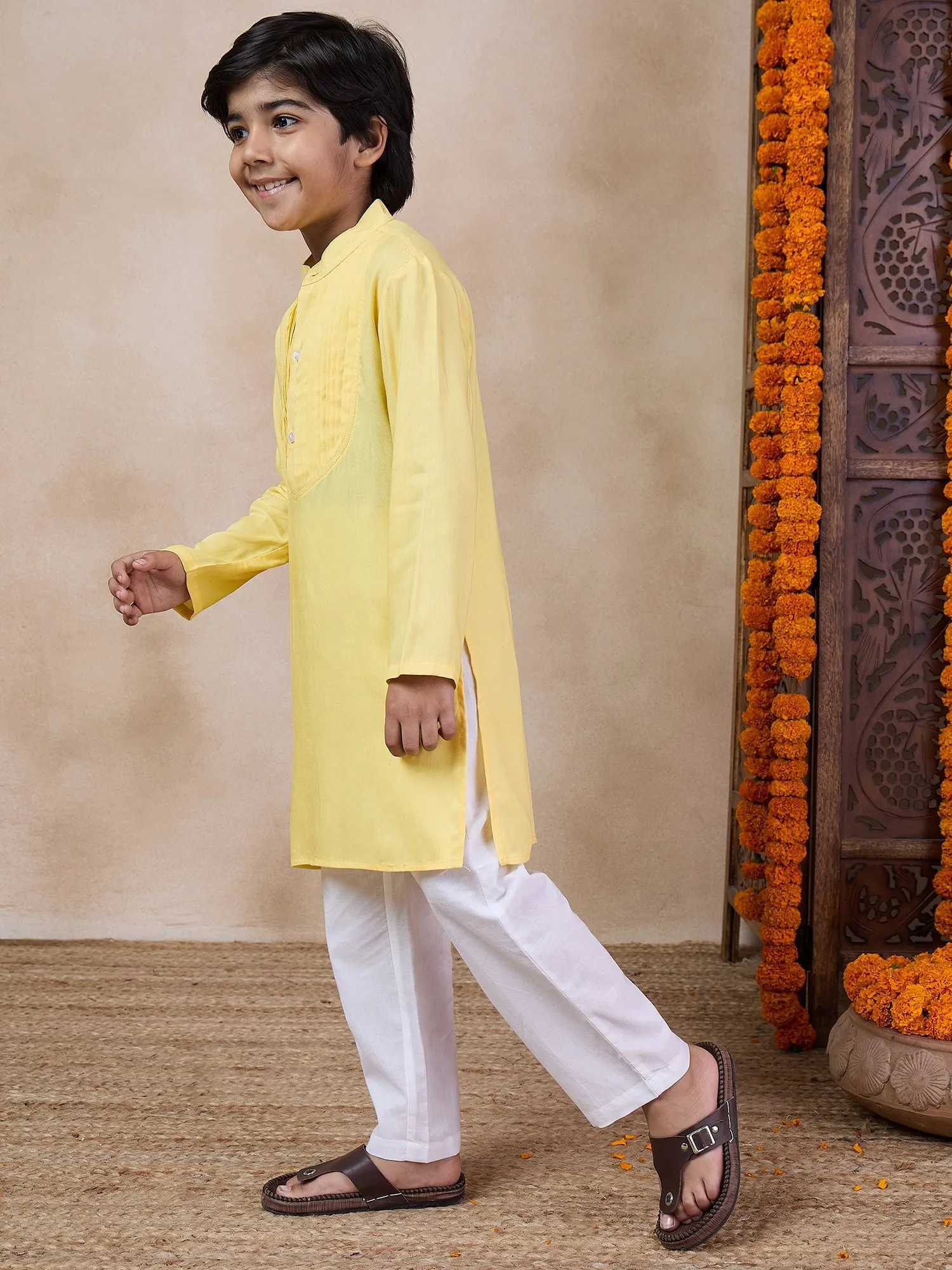 Boys Yoke Design Band Collar Straight Kurta With Pyjamas