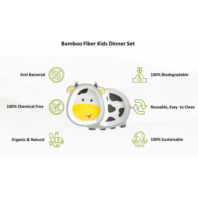 Cartoon Animal Cow Bamboo Fiber Dinnerware Plate and Bowl Set for Kids Eco Friendly Non Toxic Self Feeding Baby Utensil Set of 5 Pcs - Multicolor