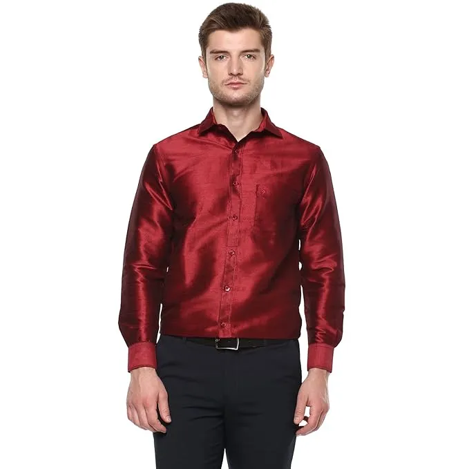 Charming Maroon Colored Shining Silk Shirt For Men