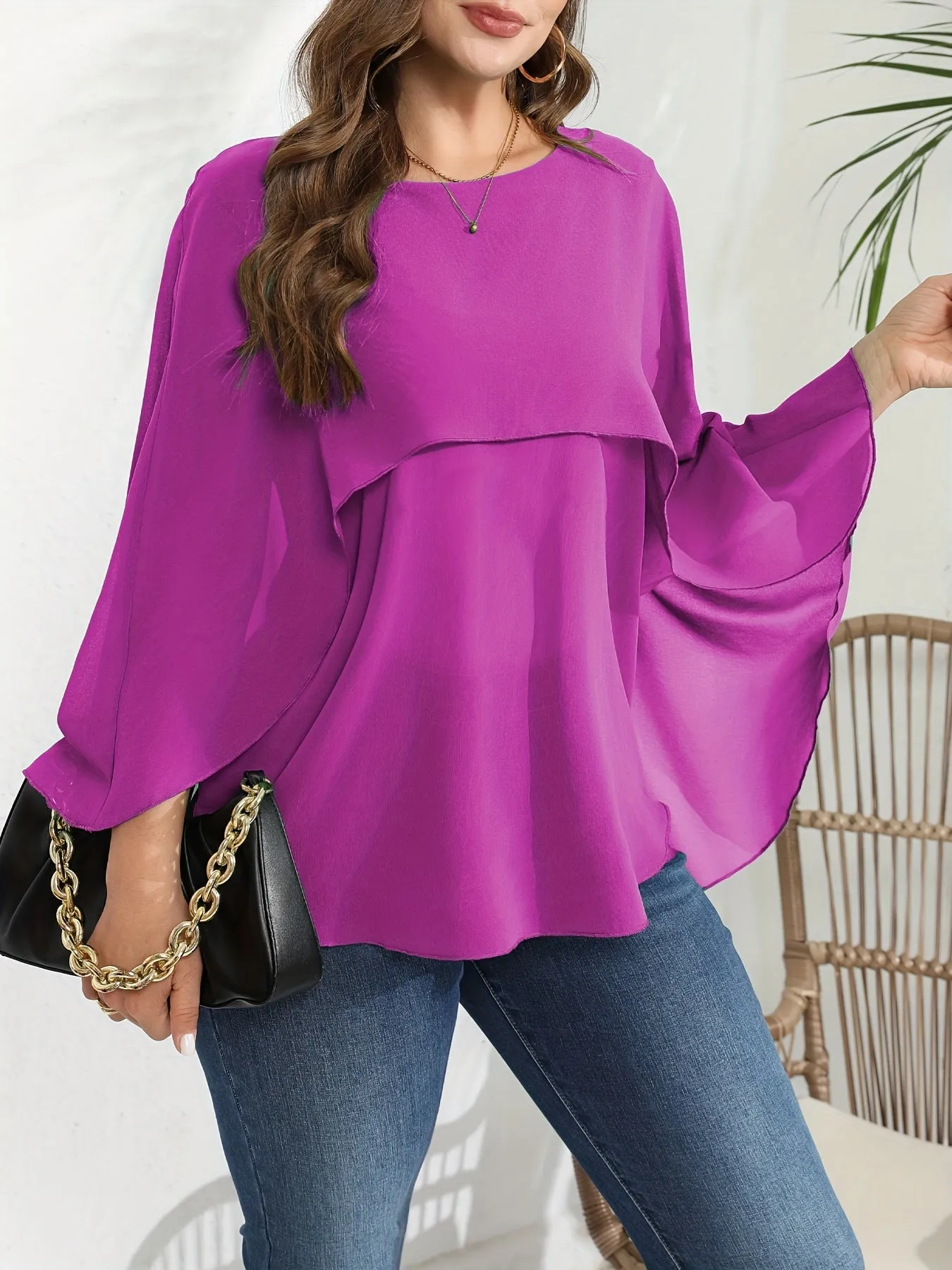 Chic Plus Size Mesh Batwing Sleeve Blouse for Women