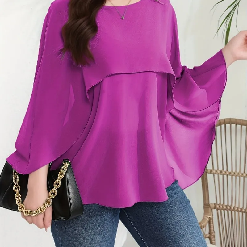 Chic Plus Size Mesh Batwing Sleeve Blouse for Women