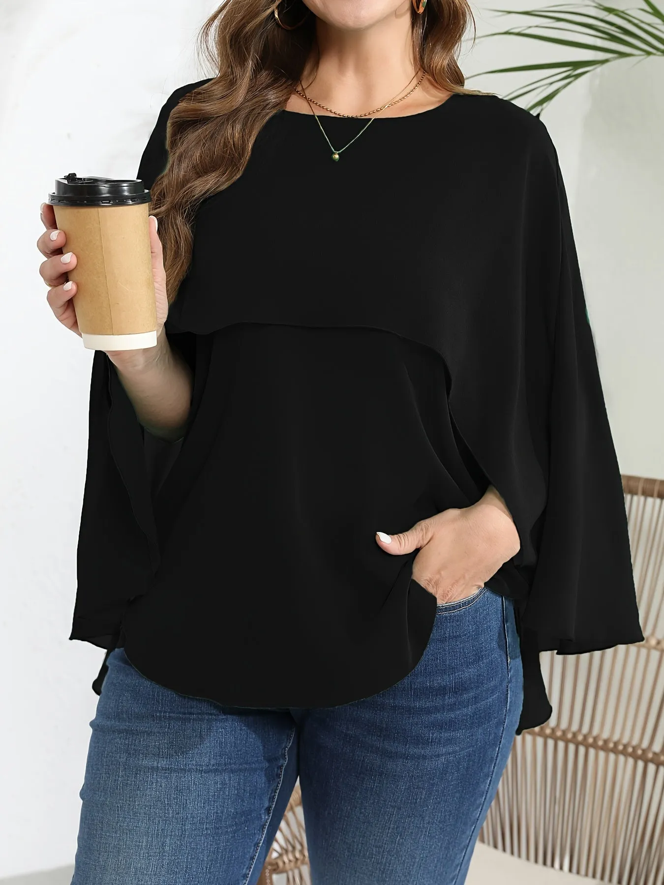 Chic Plus Size Mesh Batwing Sleeve Blouse for Women