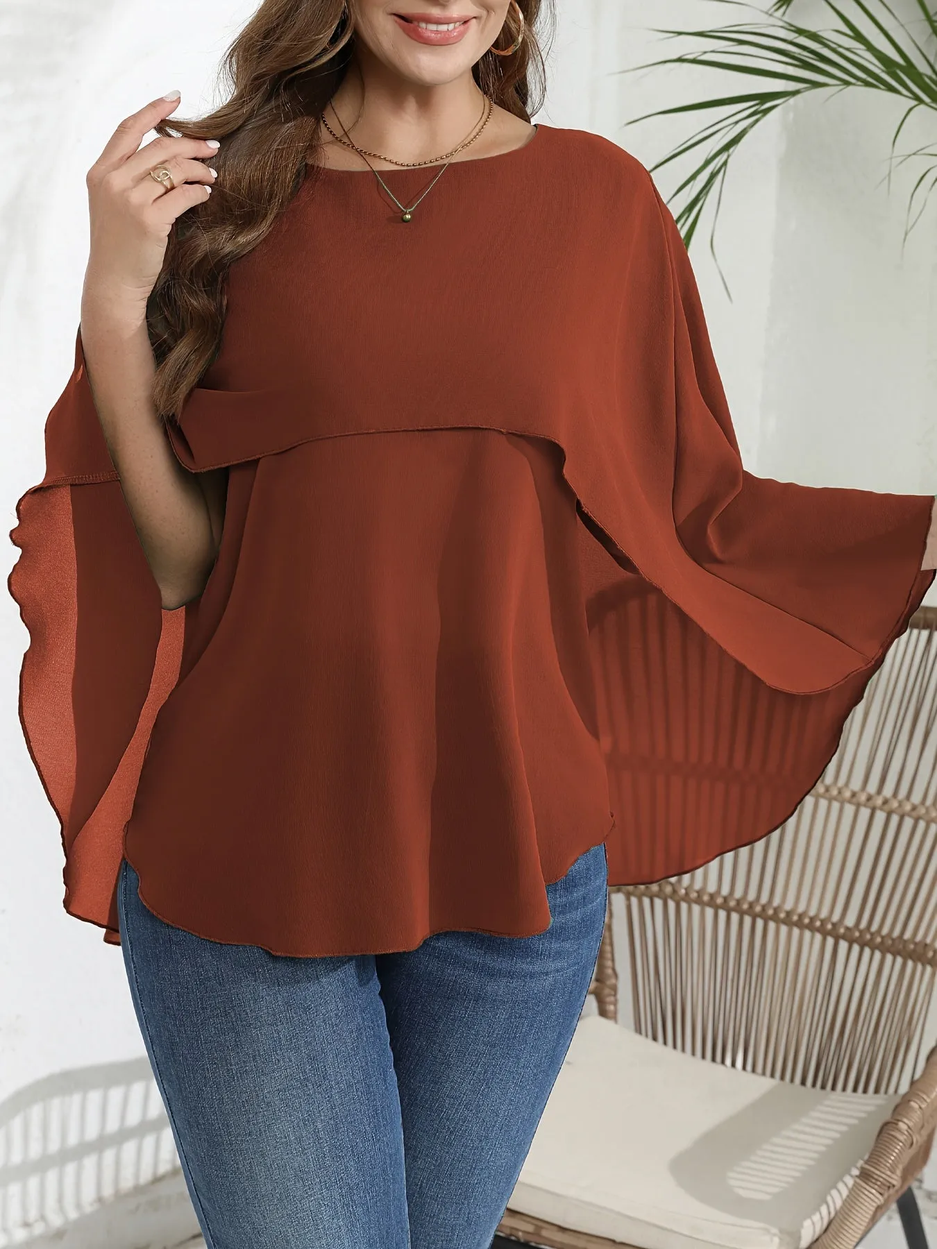 Chic Plus Size Mesh Batwing Sleeve Blouse for Women