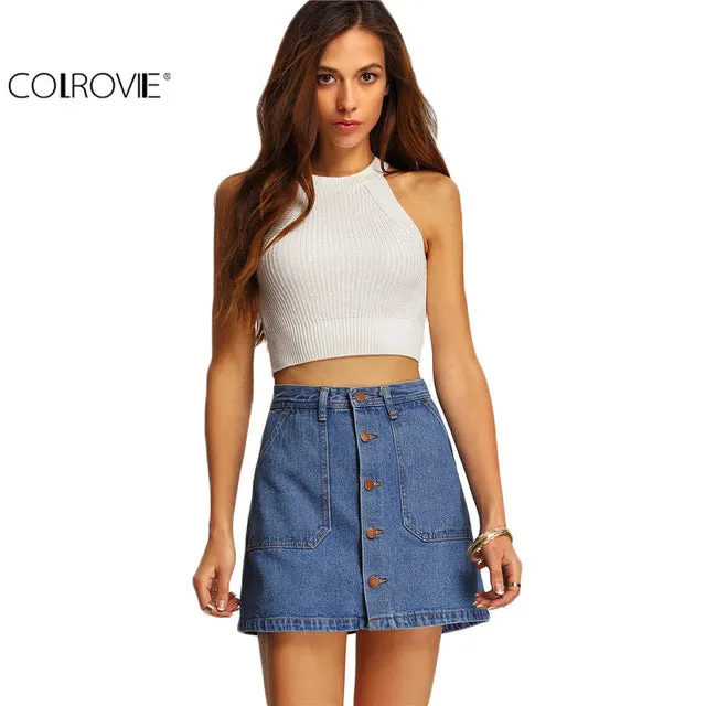 COLROVIE Famous 2016 Summer Style Women Mini Skirts High Waist Sexy Womens Pockets Blue Single Breasted Denim A-Line Skirt