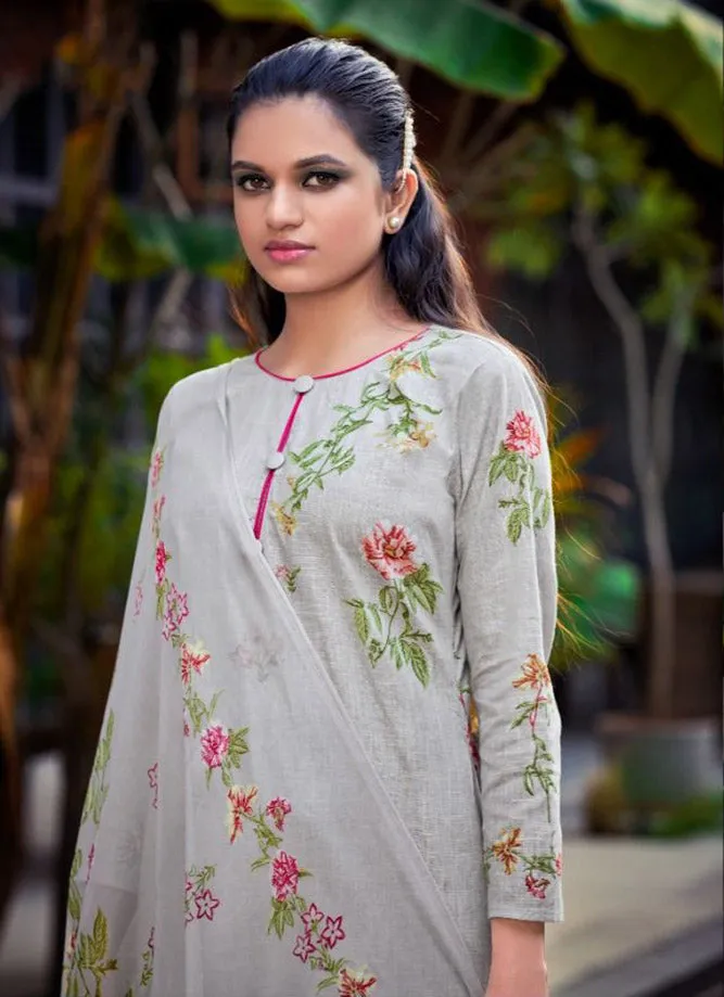 Cotton Linen Printed Grey Dress Materials with Chiffon Dupatta