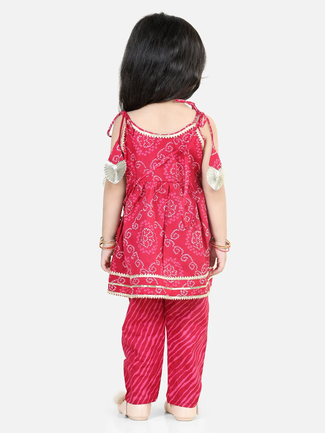 Cotton Printed Off Shoulder Kurti Pant Set with Side sling bag for Girls-Pink