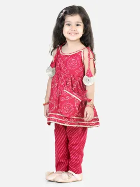 Cotton Printed Off Shoulder Kurti Pant Set with Side sling bag for Girls-Pink