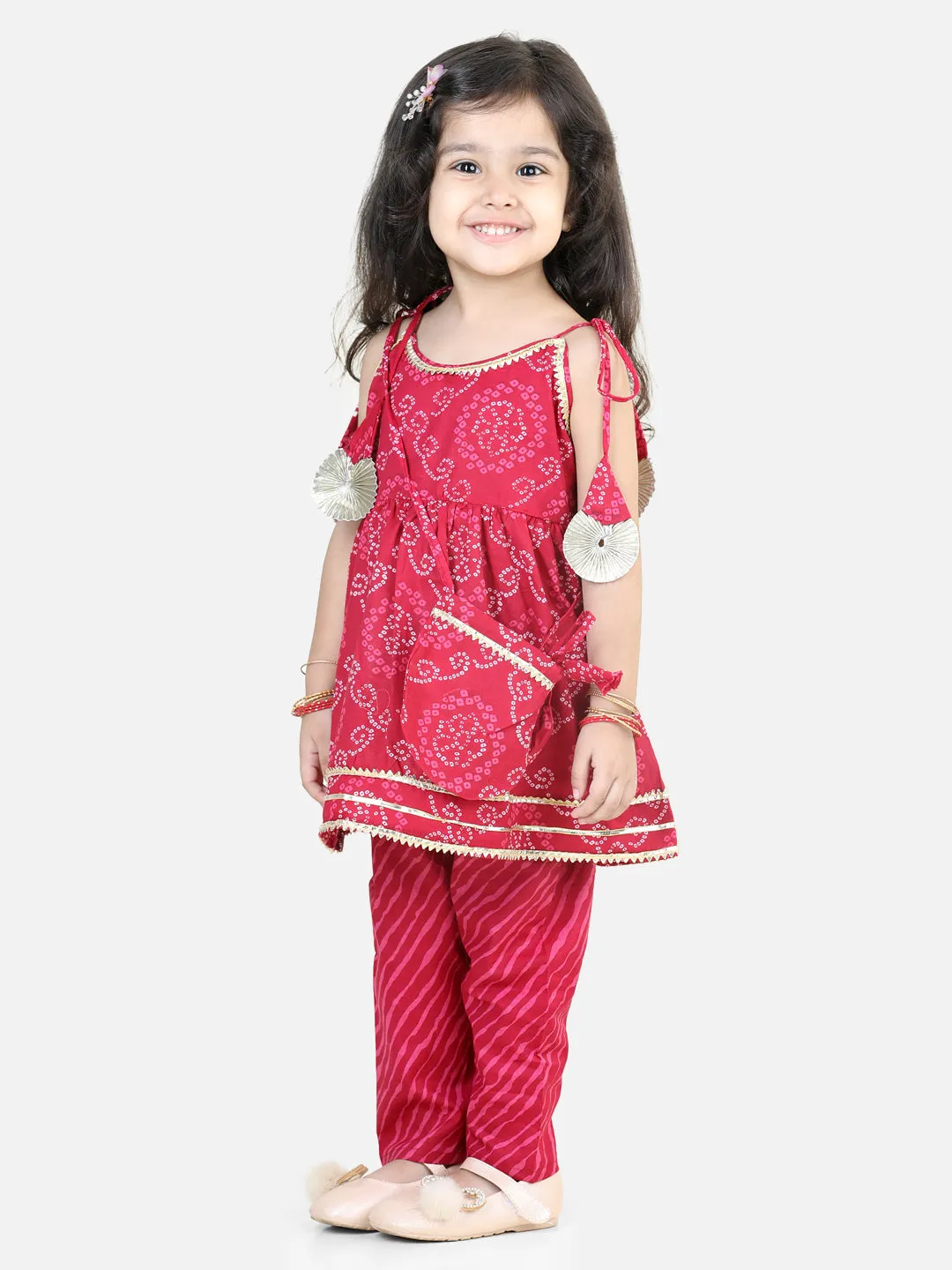 Cotton Printed Off Shoulder Kurti Pant Set with Side sling bag for Girls-Pink