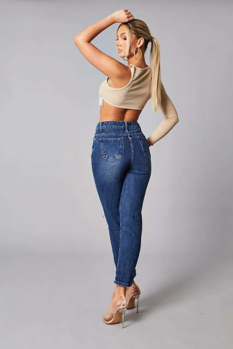 Dark Blue Distressed Straight Leg Jeans - Nikia